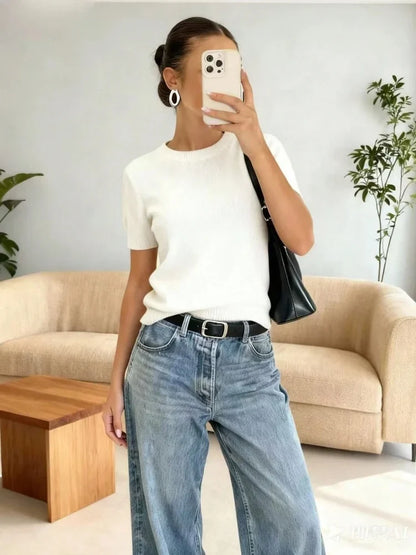 Women's beige short-sleeve knit top, crew neck, sweater