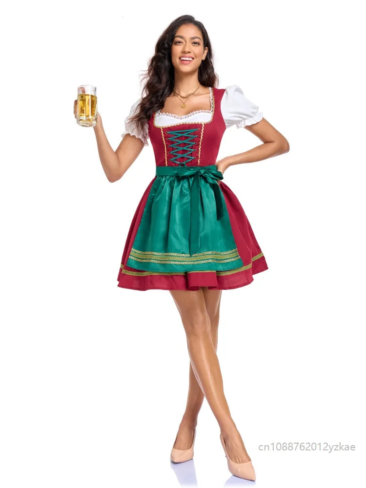 Damen Dirndl Minikleid Rot Grün mit Schnürung Schürze