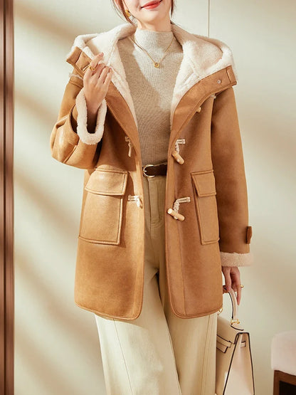 Damen Dufflecoat mit Kapuze und Futter in Camel