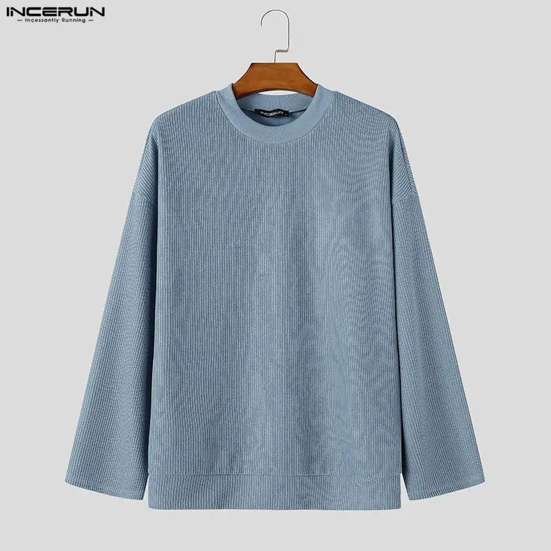Ribbed men's long-sleeve crew-neck pullover top black