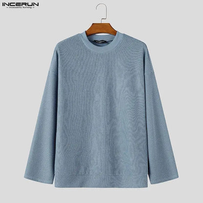 Ribbed men's long-sleeve crew-neck pullover top black