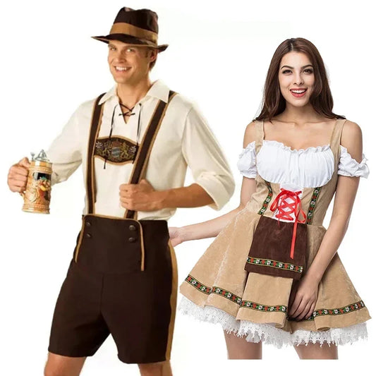 Bavarian Couple Costume Set for Men’s Lederhosen and Women’s Dirndl, Oktoberfest, Carnival