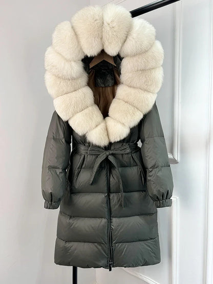 Women's black down coat with fur hood, long winter coat, belt, warm jacket