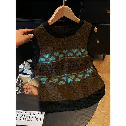 Strickweste Damen Ärmellos Rundhals Pullover mit Herz- und Schneeflockenmuster