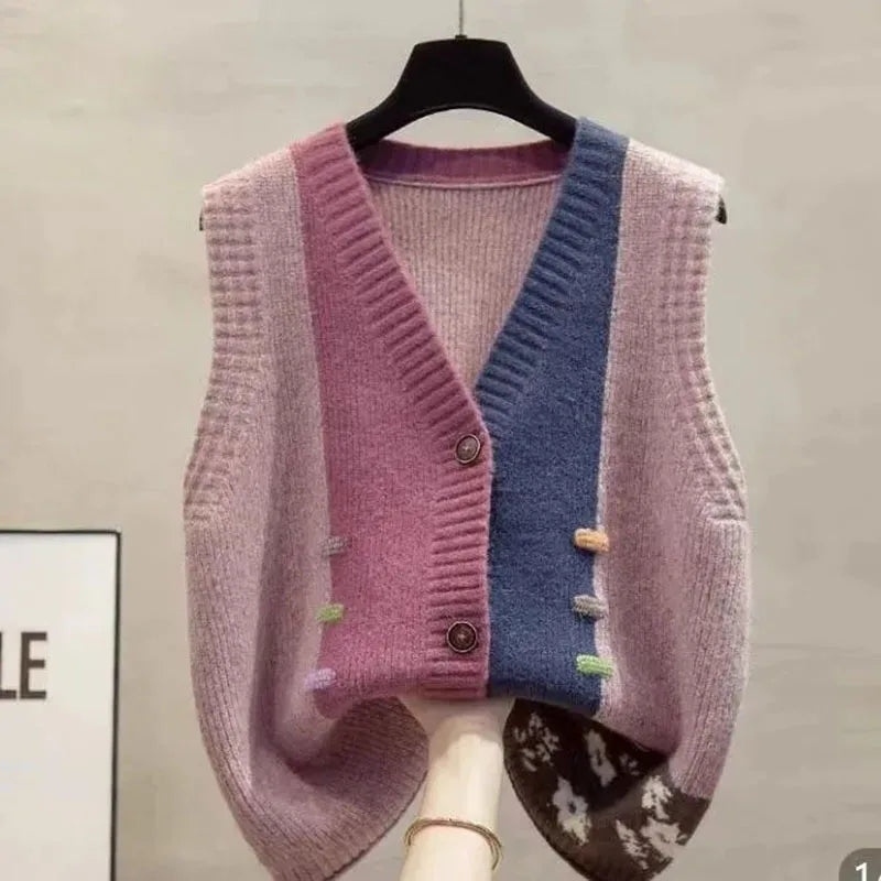Women's knitted vest with V-neck, color mix, and sleeveless design