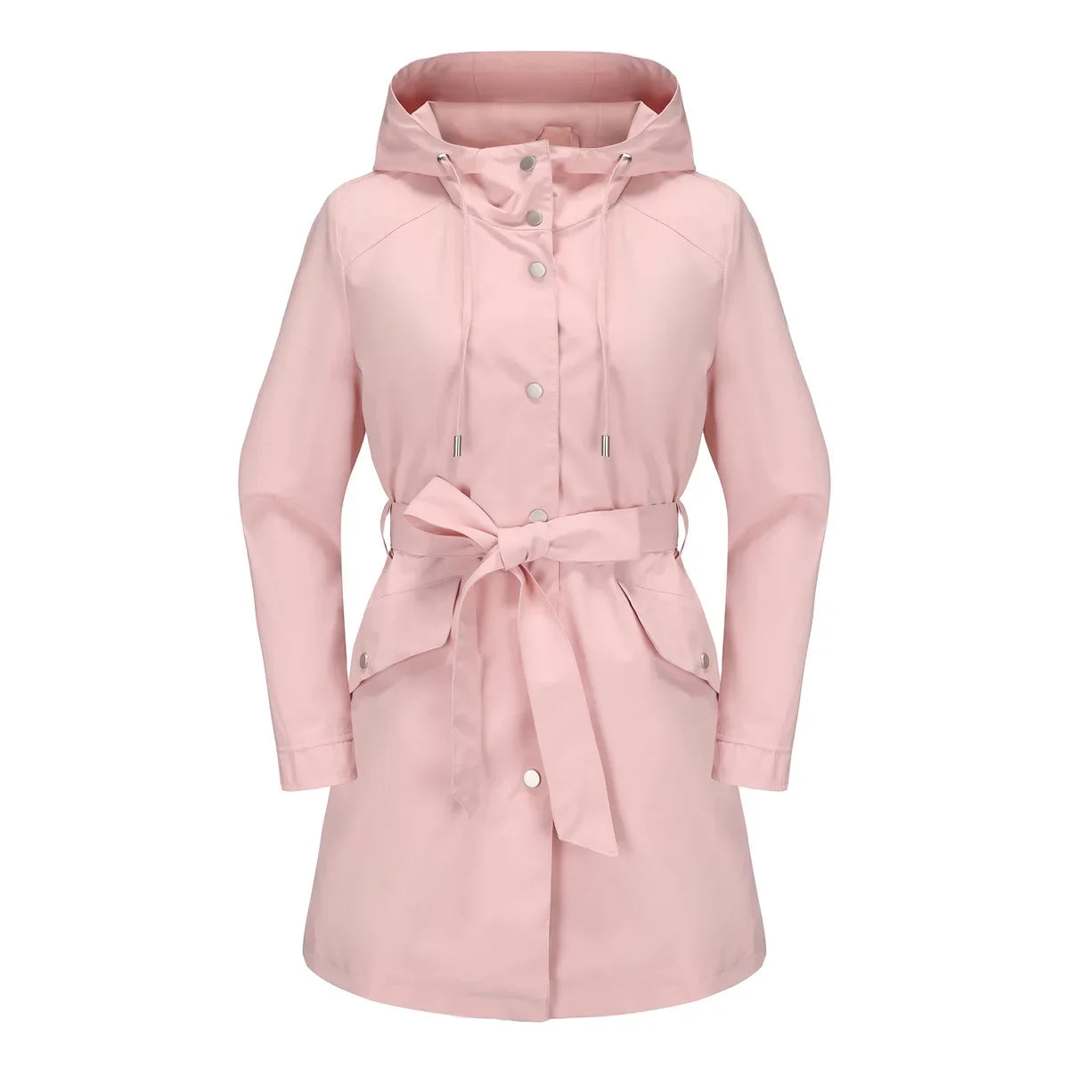 Damen Kurzmantel mit Kapuze und Gürtel, Übergangsjacke mit Knöpfen, Langarm Trenchcoat