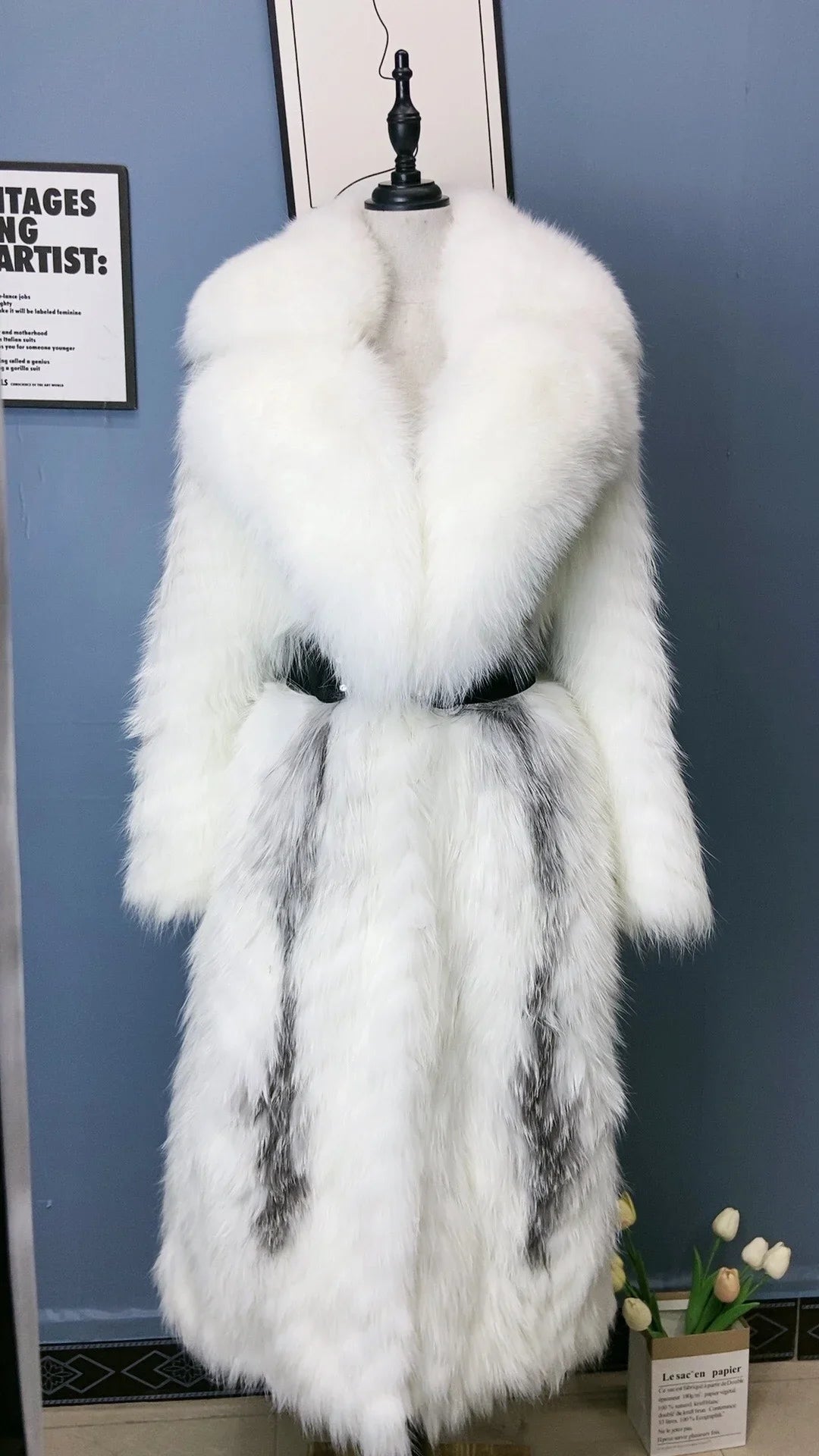 Long women's faux-fur coat with chevron pattern, warm winter coat