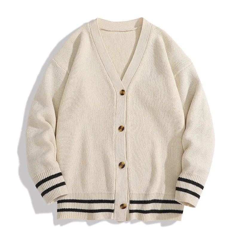 Unisex V-neck cardigan with striped sleeves and button placket