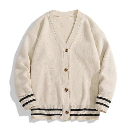 Unisex V-neck cardigan with striped sleeves and button placket