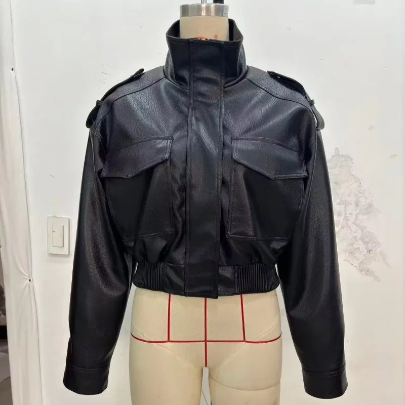 Women's short leather-look bomber jacket with stand-up collar