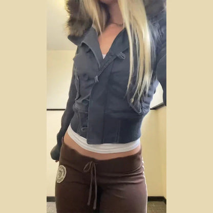Women's bomber jacket with hood and faux fur collar, brown
