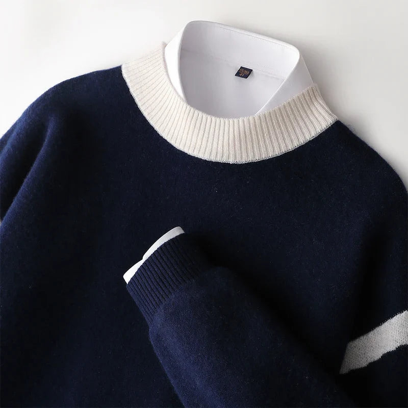 Men's crew-neck knit sweater with caramel/cream stripes