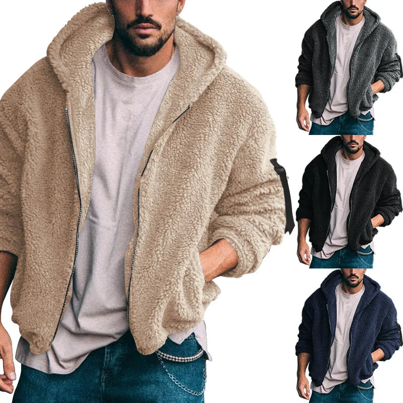 Men's teddy fleece hooded jacket with zipper and pockets