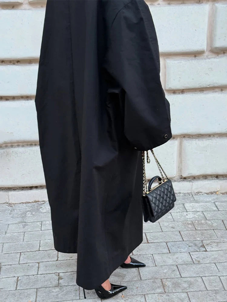 Damen Langer Trenchcoat Oversize mit hohem Kragen Schwarz