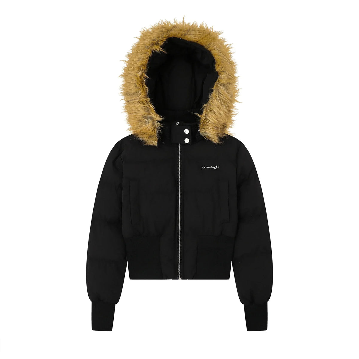 Women's short puffer jacket with faux-fur hood - winter jacket with zipper