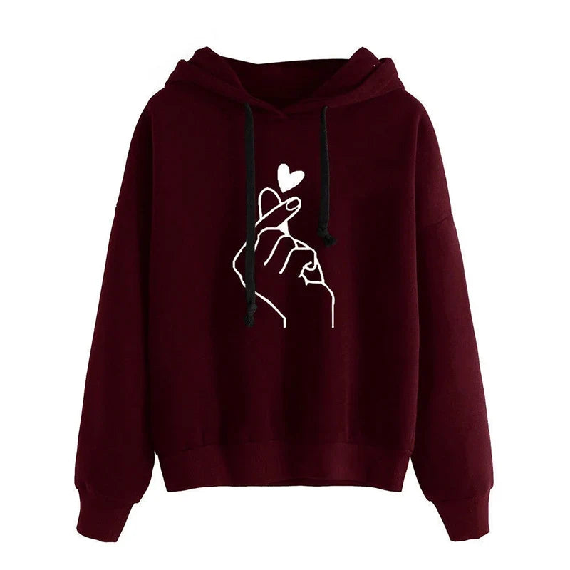 Women's hoodie with hood & drawstring, heart finger print, loose fit