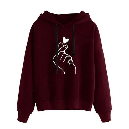 Women's hoodie with hood & drawstring, heart finger print, loose fit