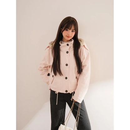 Women's corduroy jacket with hood and teddy lining, light pink