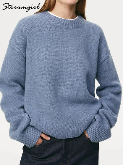 Women's Soft Oversized Crew Neck Long-Sleeve Knit Sweater Yellow
