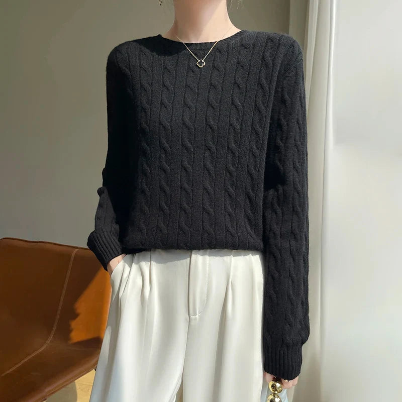 Damen Pullover Zopfmuster Rundhals Langarm Strickpullover