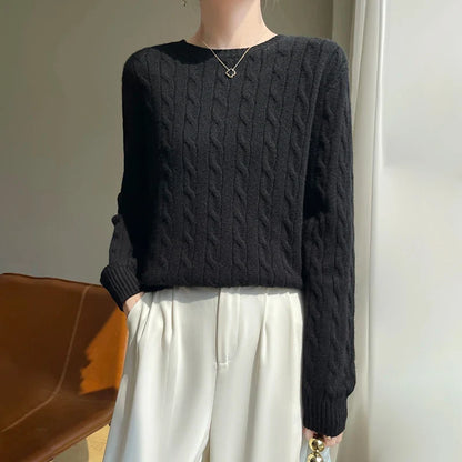 Damen Pullover Zopfmuster Rundhals Langarm Strickpullover