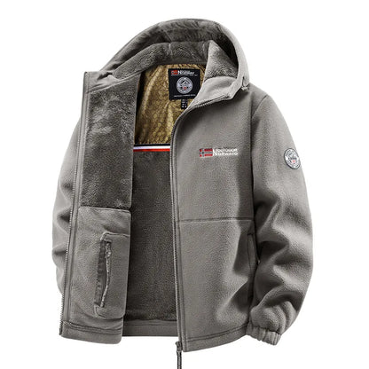 Men's lined fleece jacket with hood and zip closure