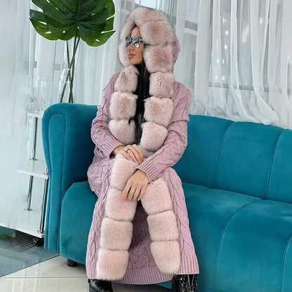 Long Knit Cardigan with Faux Fur Trim and Cable-Knit Pattern in Purple