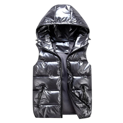 Unisex shiny hooded quilted vest, sleeveless puffer vest with zipper