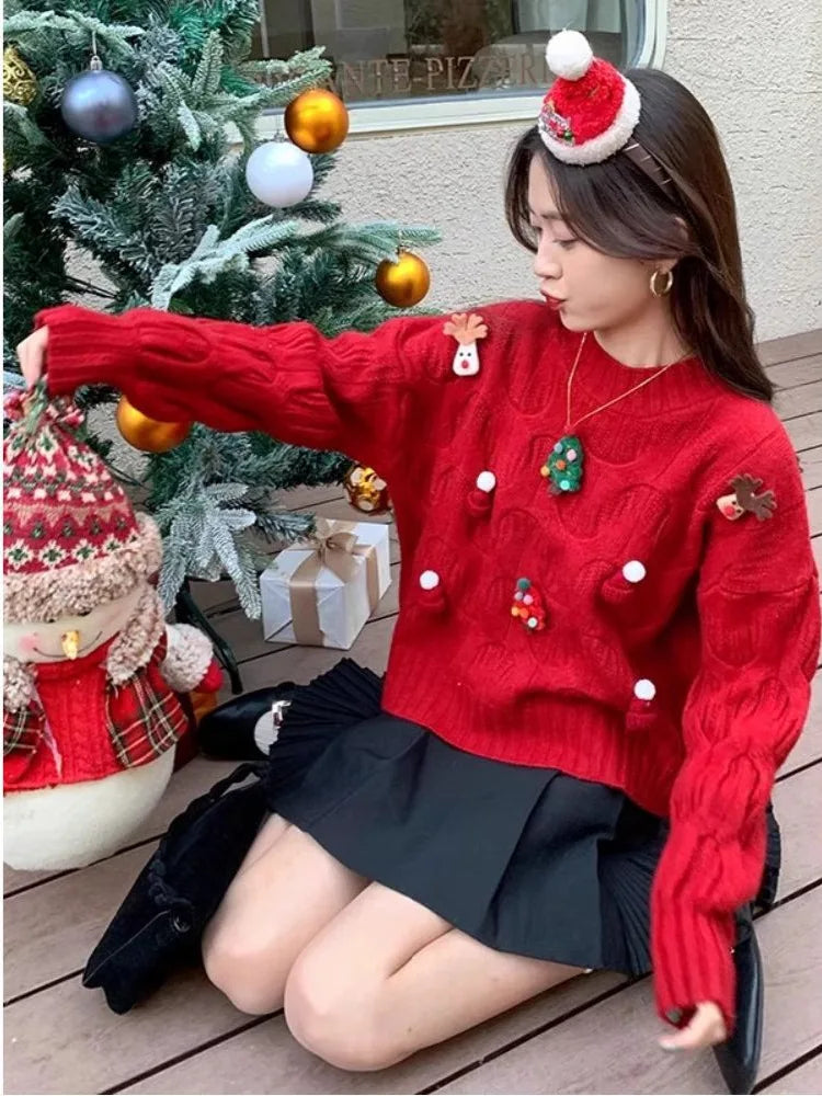 Weihnachtspullover Damen Strickpullover Rundhals mit Applikationen