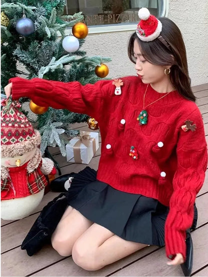 Weihnachtspullover Damen Strickpullover Rundhals mit Applikationen