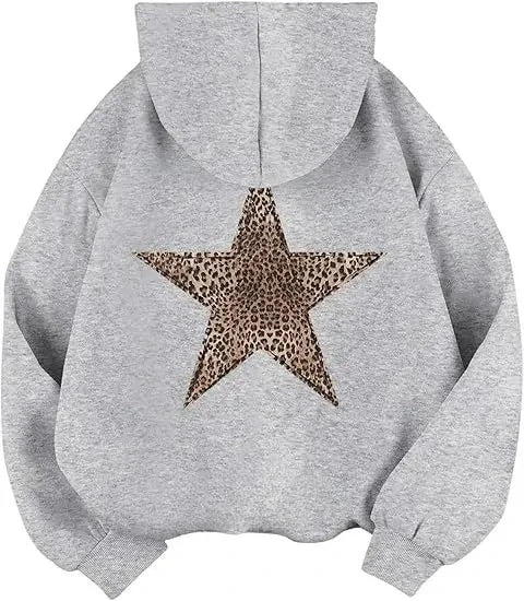 Women's hoodie with leopard star print on the back, oversized hooded sweatshirt