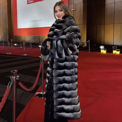 Damen Langer Faux-Pelz-Mantel Gestreift Schwarz-Weiß Warmer Wintermantel