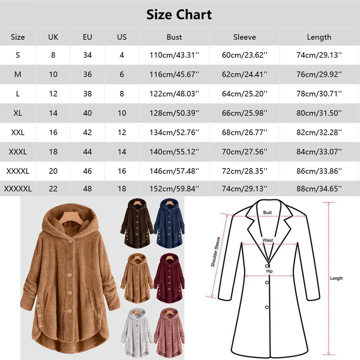 Damen Fleecejacke mit Kapuze Teddy-Optik Langarm Knopfleiste unregelmäßigem Saum