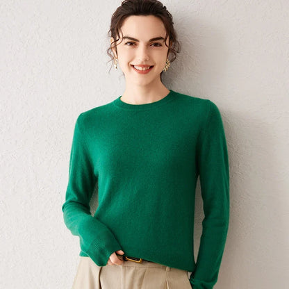 Women's crew-neck long-sleeve basic knitted sweater, cozy pullover