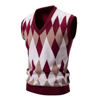Men's Argyle knitted vest V-neck sleeveless pullover vest