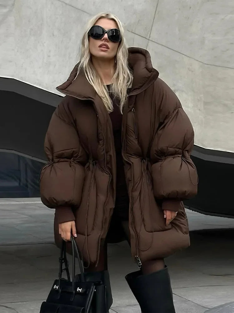 Brown oversized quilted coat for women with high collar, winter