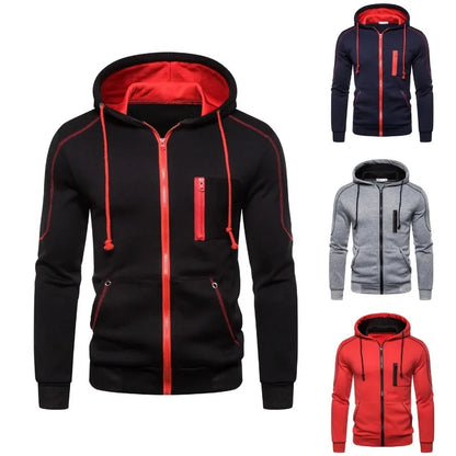 Herren Kapuzenpullover mit Reißverschluss, kontrastfarbener Kapuze und Kordelzug