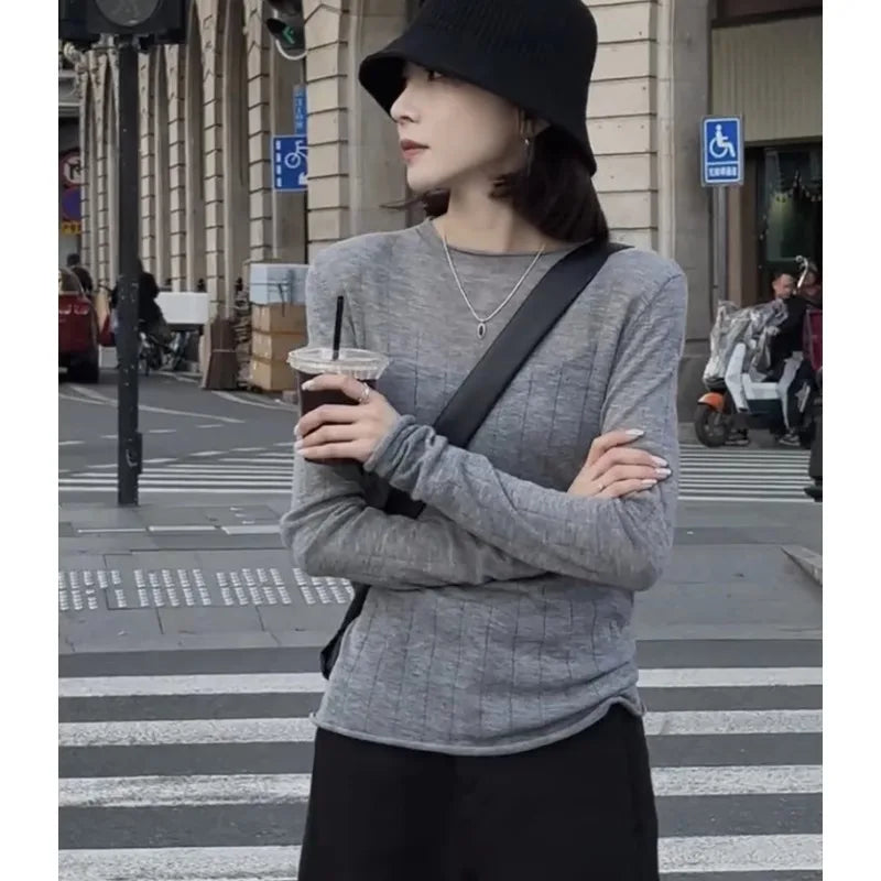Women's Ribbed Long-Sleeved Shirt, Gray, Crew Neck, Stretch Look, Slim Fit