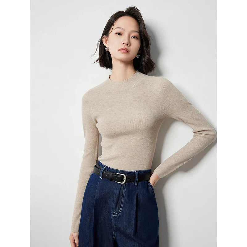 Women's Long-Sleeve Sweater Mock Neck Crew Neck Basic Top in Various Colors