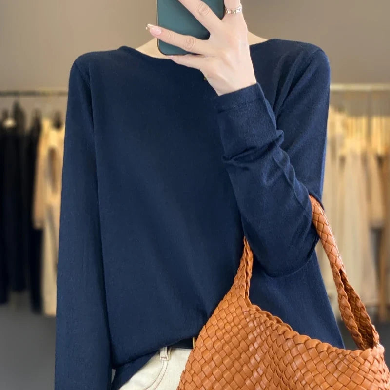 Damen Langarm Oberteil Pullover mit U-Ausschnitt