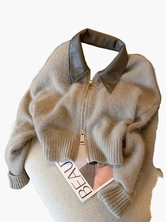 Damen Strickjacke mit Reißverschluss und Kontrastkragen – Modischer Cropped Cardigan für Alltag und Freizeit