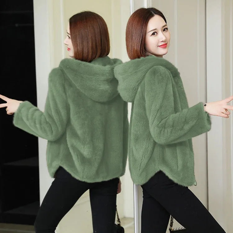 Women's Short Hooded Jacket, Plush Look, Green, Soft