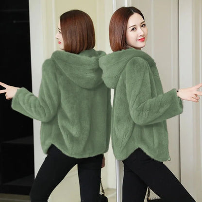Women's Short Hooded Jacket, Plush Look, Green, Soft