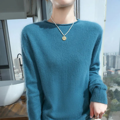 Women's Fuzzy Pink Crew-Neck Long-Sleeve Sweater