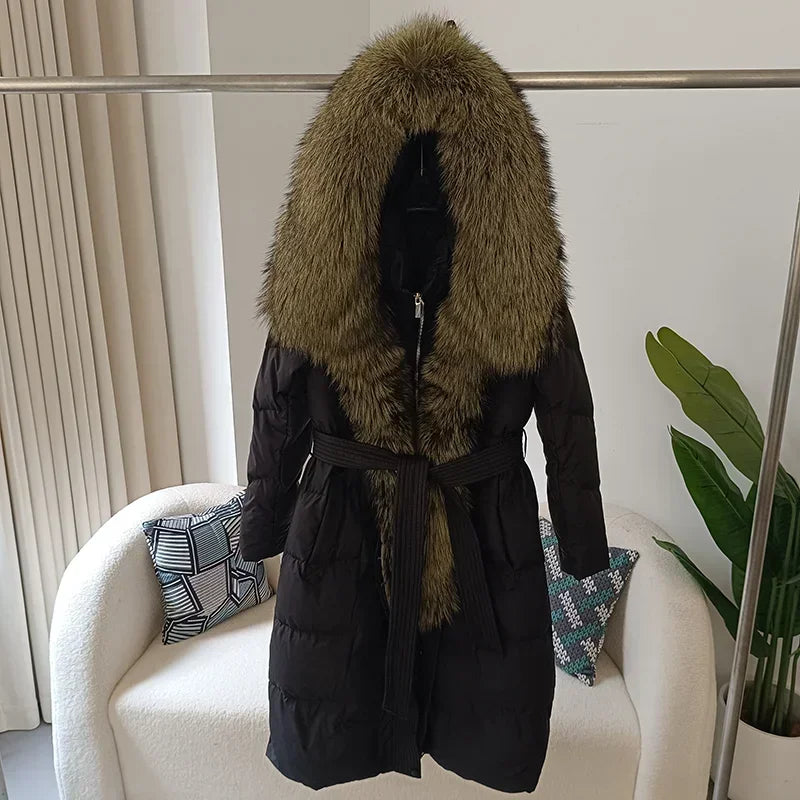 Damen Daunenmantel mit Pelzkapuze und Bindegürtel, gepolstert, lange Winterjacke