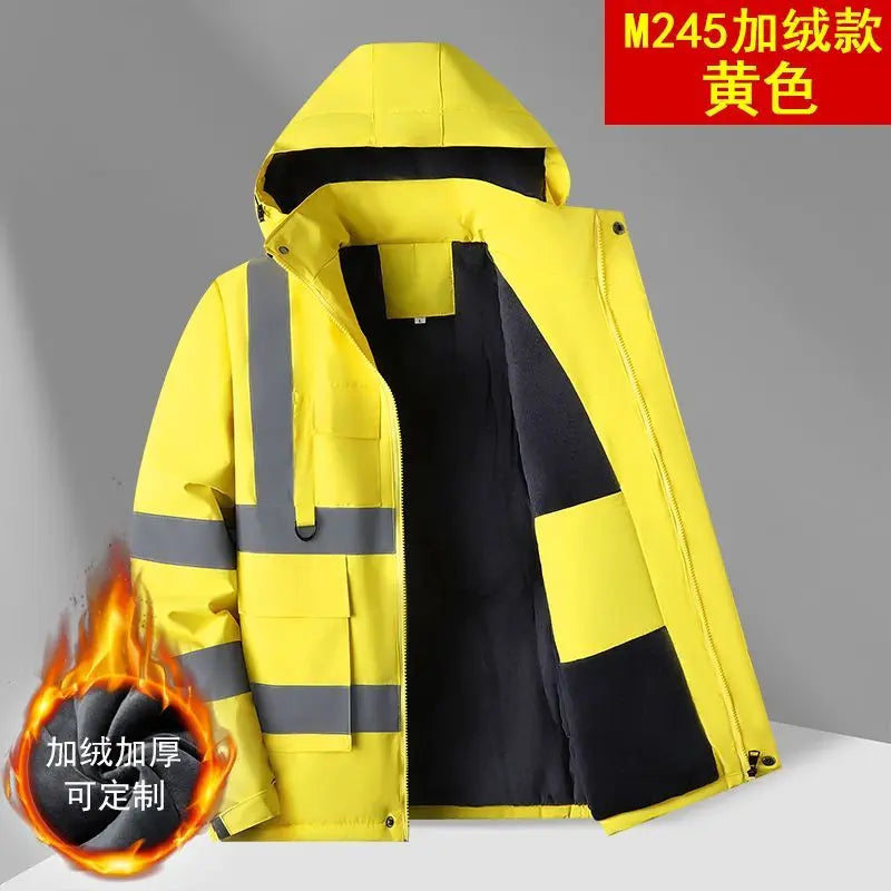 Men's winter work jacket with fleece lining, reflective stripes, and hood