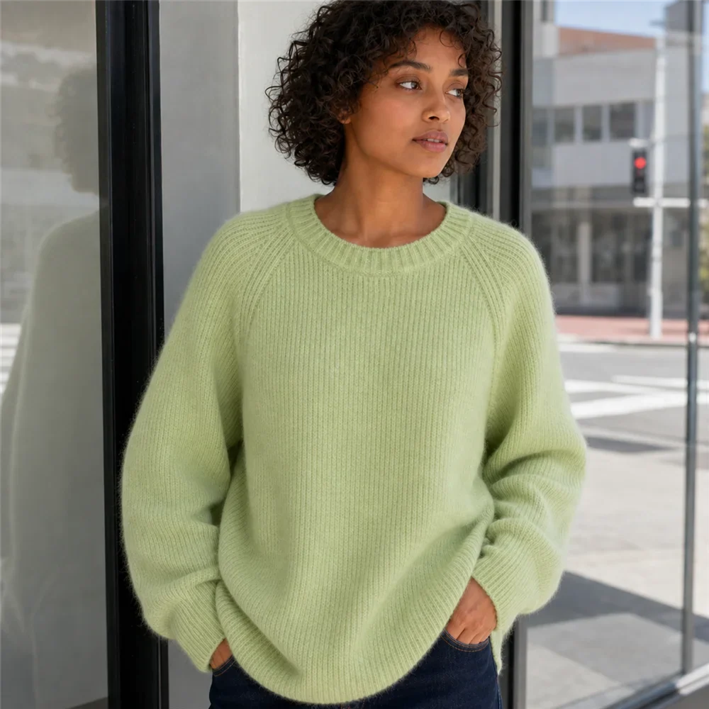 Women's Oversized Crewneck Knit Sweater with Raglan Sleeves