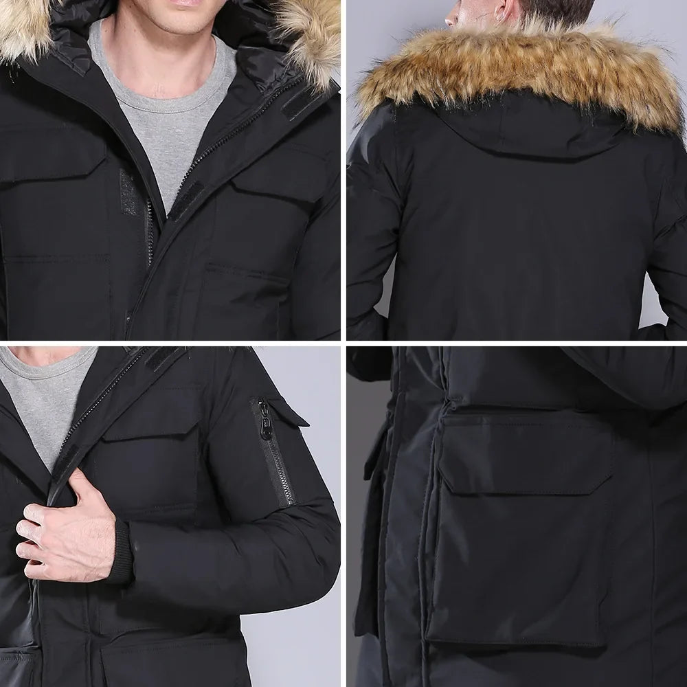 Herren Winterparka Schwarz mit Kapuze und Fellimitatbesatz