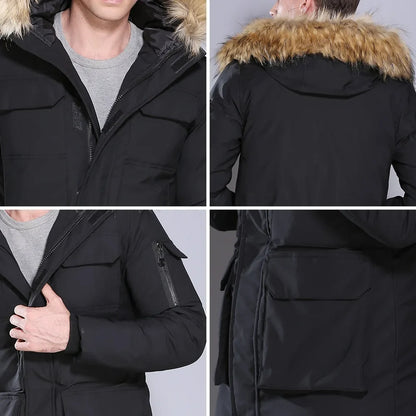 Herren Winterparka Schwarz mit Kapuze und Fellimitatbesatz