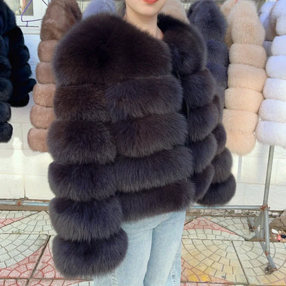 Women's faux fur jacket with voluminous sleeves and high collar